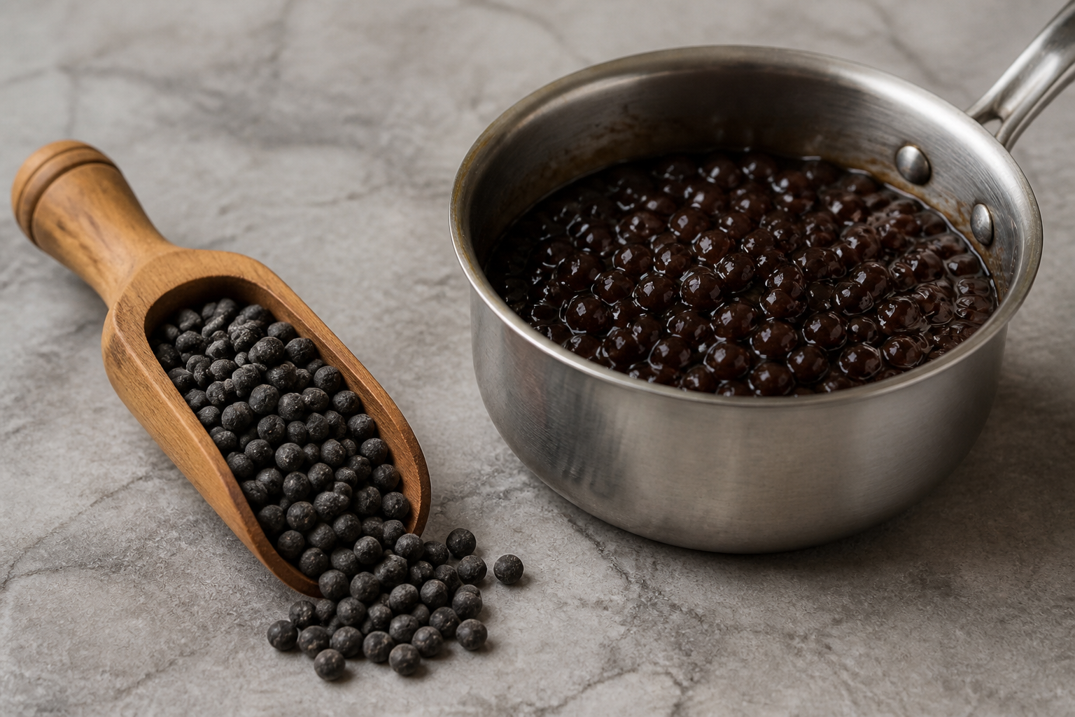 Cooked tapioca pearls in a metal strainer.